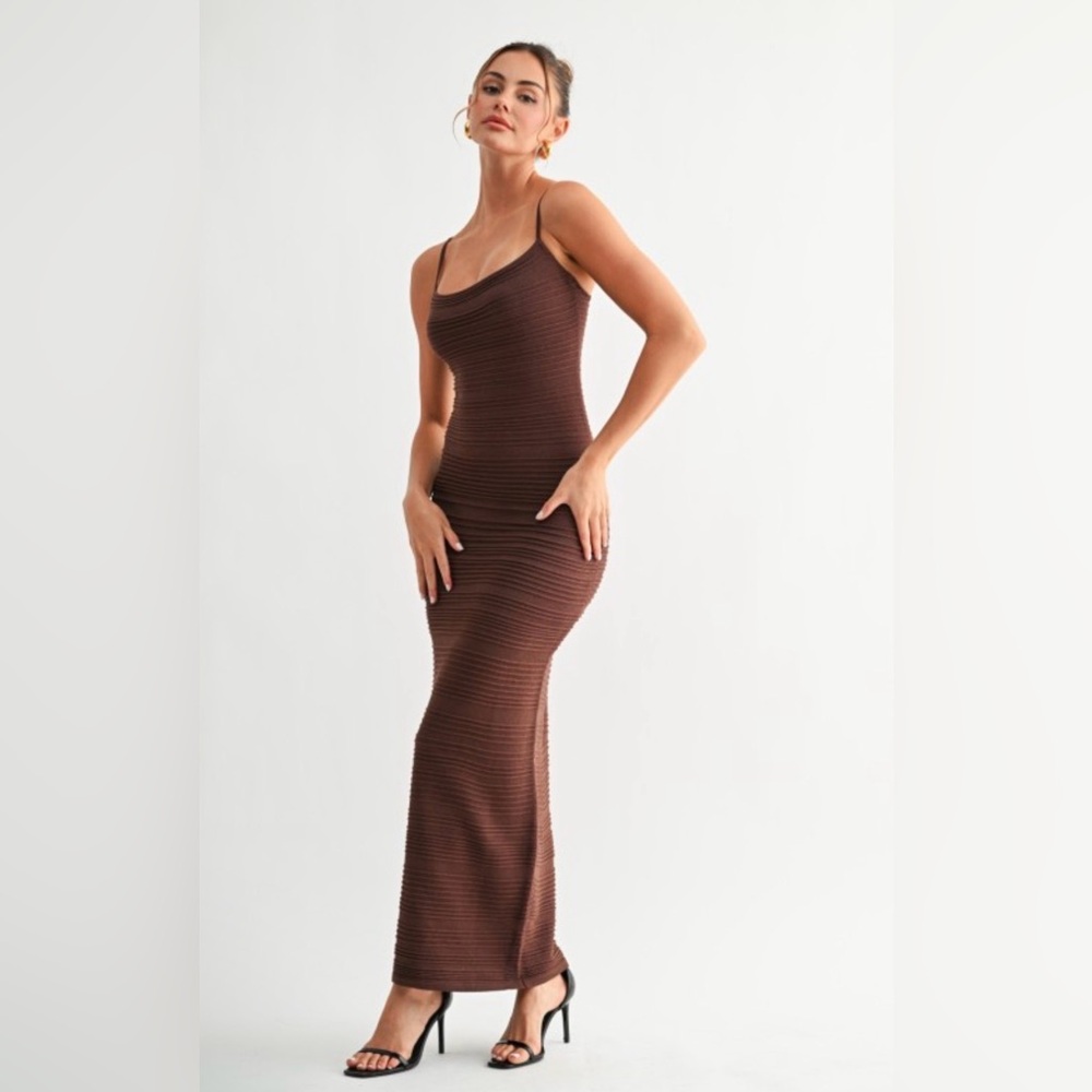 Brown Ribbed Maxi Dress with Spaghetti Straps